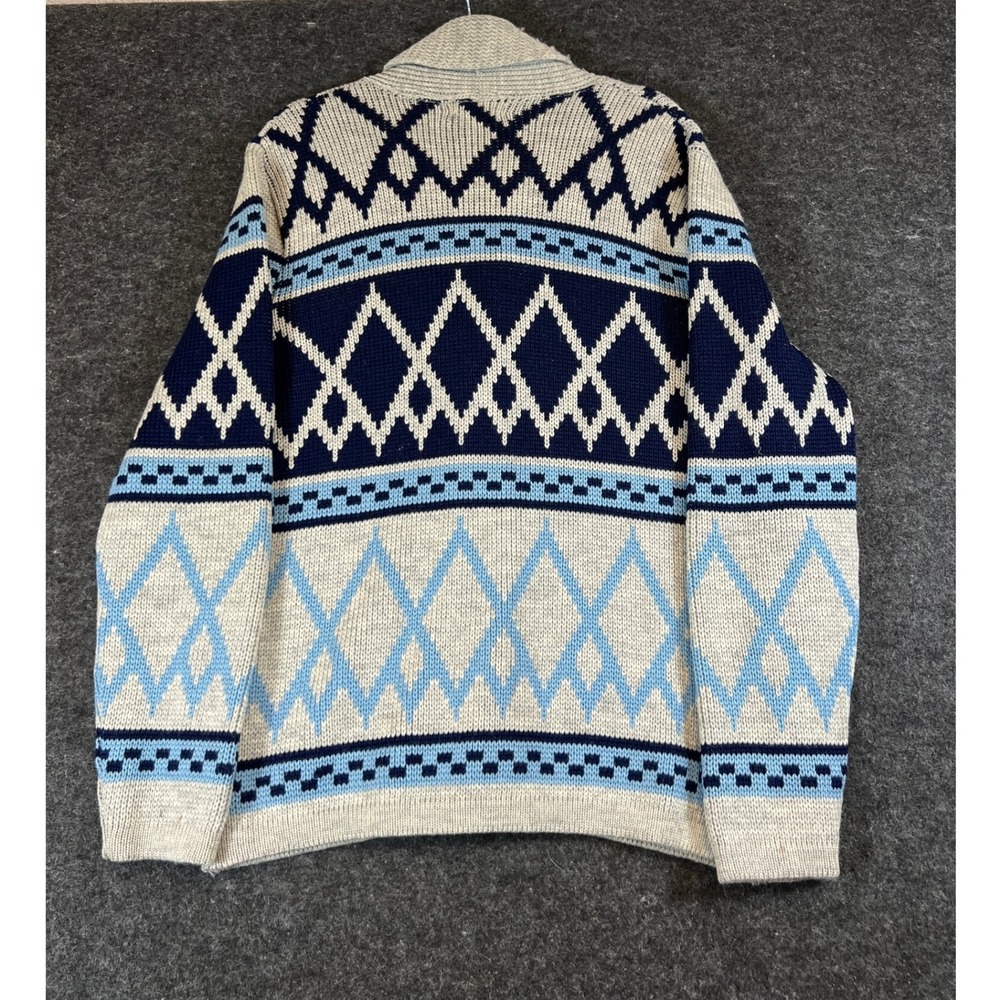 VTG 70s Cowichan Fair Isle Cardigan Mens Large Tundra Virgin Wool Sweater Cozy - Picture 2 of 6